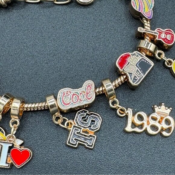 Girls Charm Bracelet Gold Tone with 10 Dangly Charms 1989, TS, Swiftie, Coffee - Picture 2 of 8